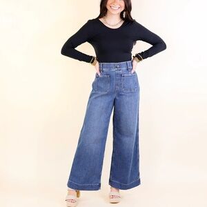 Spanx Everywear Cropped Wide Leg Denim Blue Jeans with Patch Pockets Large